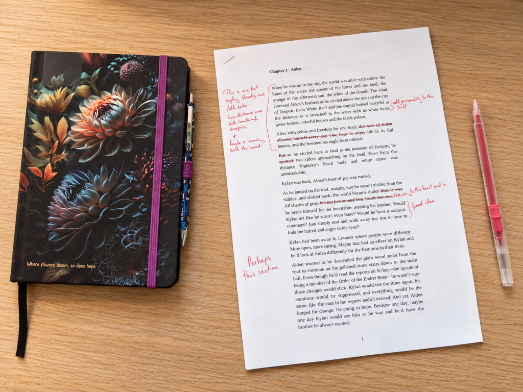A notebook with line edited pages