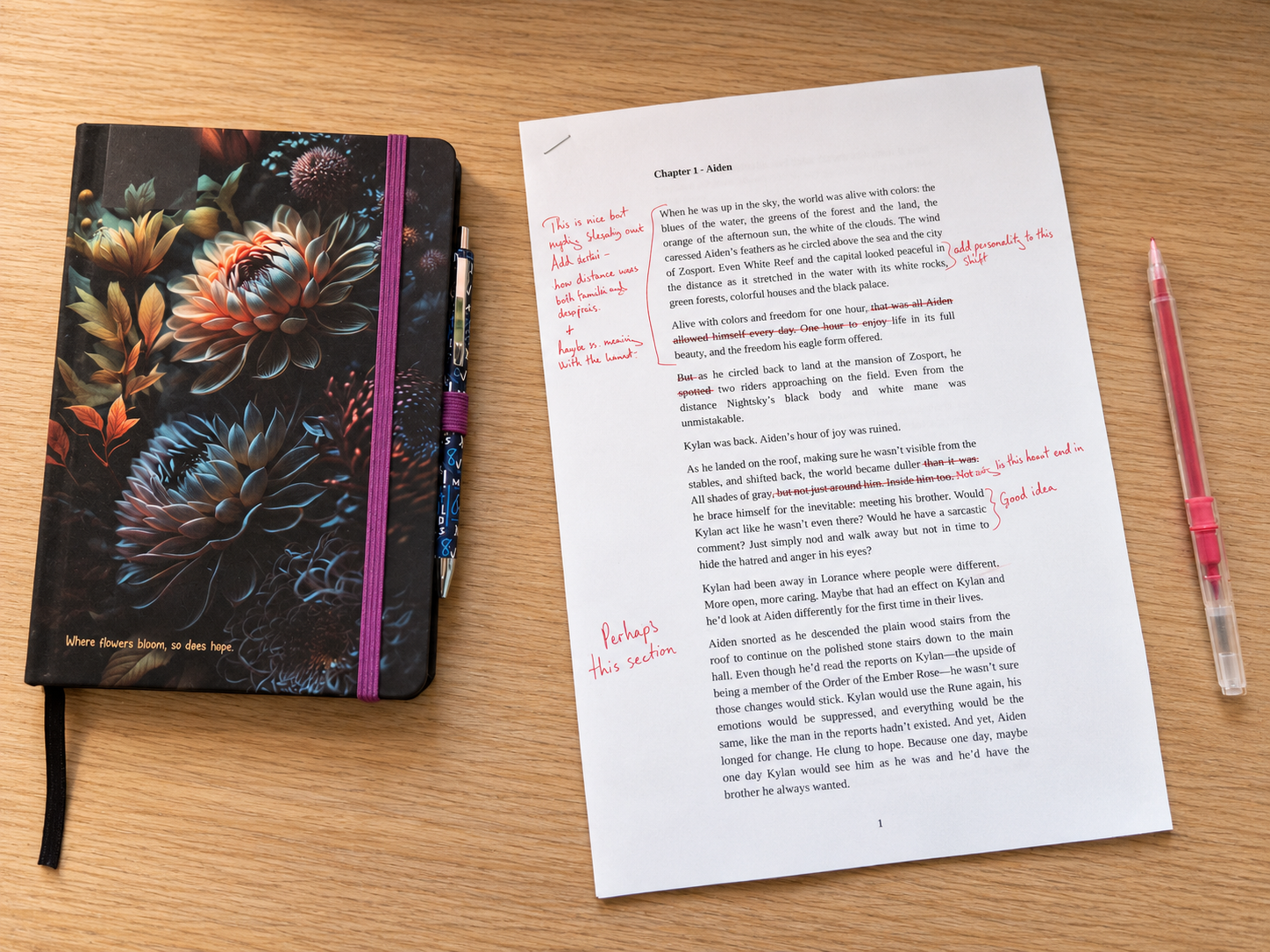 A notebook with line edited pages